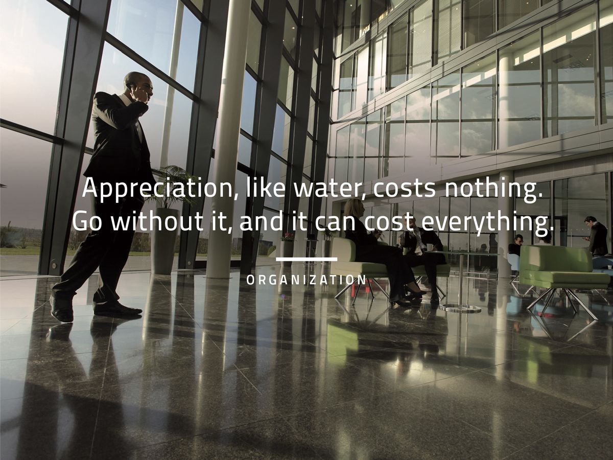 Appreciation, like wather, costs nothing. Go without it and it can cost everything. ORGANIZATION